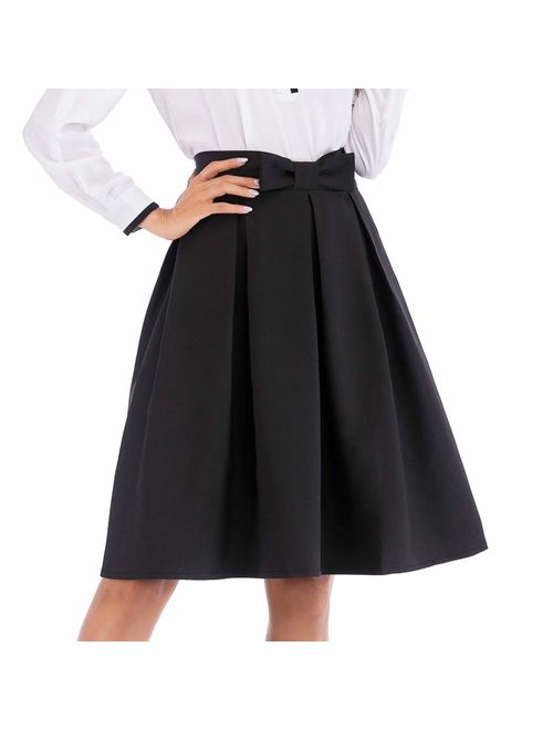 Women's A Line Pleated Vintage Skirt High Waist Midi Skater with Bow Tie