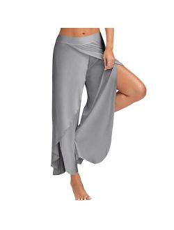 DressLily ZEZCLO Women High Slit Flowy Layered Crooped Casual Palazzo Pants