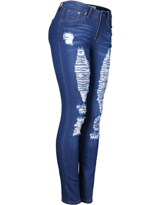2LUV Women's Stretchy 5 Pocket Destroyed Dark Denim Skinny JeansA