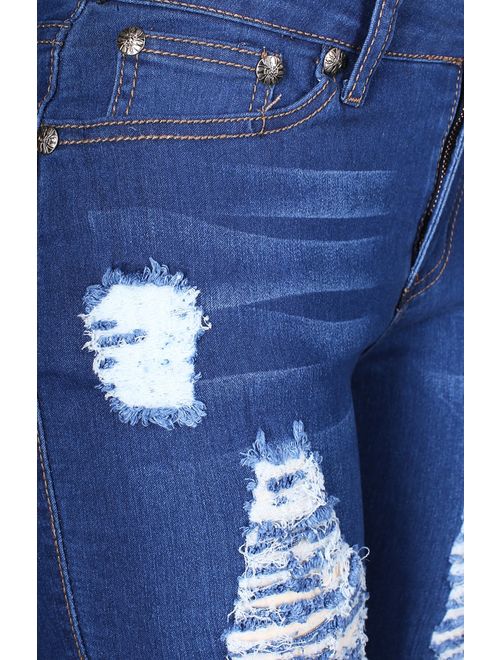 2LUV Women's Stretchy 5 Pocket Destroyed Dark Denim Skinny JeansA