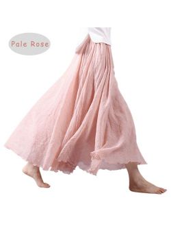 Ezcosplay Women Bohemian Cotton Linen Double Layer Elastic Waist Long Maxi Skirt