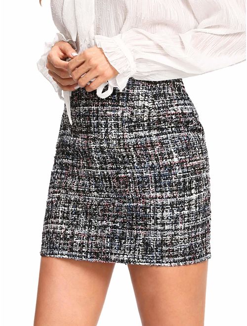 WDIRARA Women's Mid Waist Above Knee A-Line Tweed Mini Short Plaid Skirt