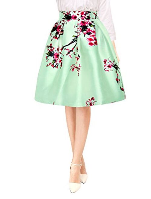 Allegra K Women's Vintage Floral Prints High Waist Pleated A Line Midi Skirt