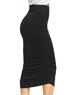 Women's High Waist Bodycon Slim Fit Ruched Frill Ruffle Midi Long Pencil Skirt - Made in USA