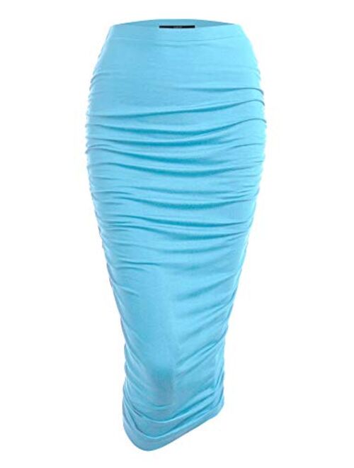 Made By Johnny Women's High Waist Bodycon Slim Fit Ruched Frill Ruffle Midi Long Pencil Skirt - Made in USA
