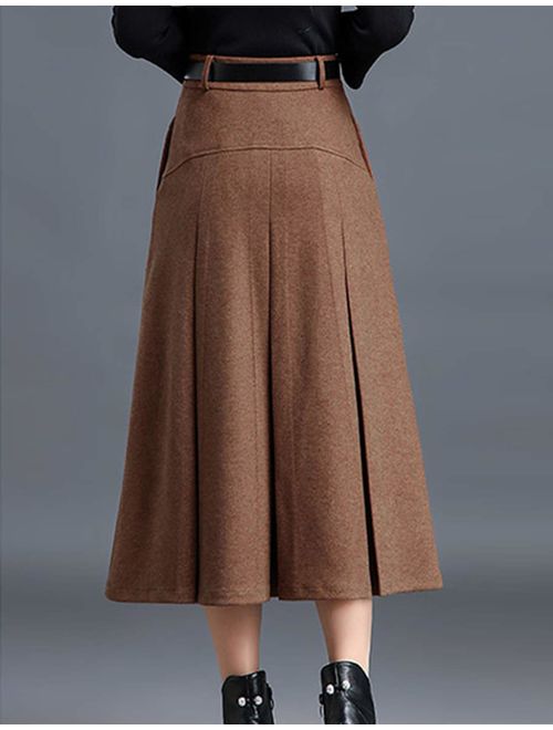 Tanming Womens Winter High Waist A-Line Inverted Pleat Wool Long Skirt with Belt Loops