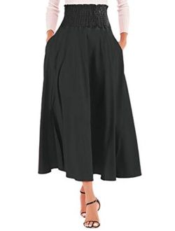 Calvin&Sally Women's Casual Flowy Dress High Waist Pleated Midi Skirt with Pockets