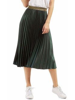 CHARTOU Womens Elastic-Waist Accordion Plisse Pleated Metallic Long Party Skirt