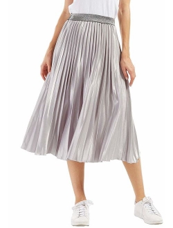 CHARTOU Womens Elastic-Waist Accordion Plisse Pleated Metallic Long Party Skirt