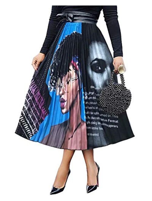 ThusFar Women's Graffiti Plisse Pleated Skirts Cartoon Printed Elastic Waist A-Line Swing Midi Skirt
