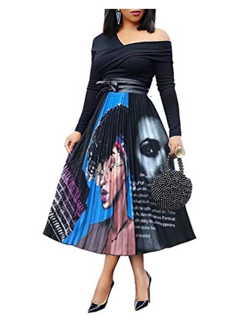 ThusFar Women's Graffiti Plisse Pleated Skirts Cartoon Printed Elastic Waist A-Line Swing Midi Skirt