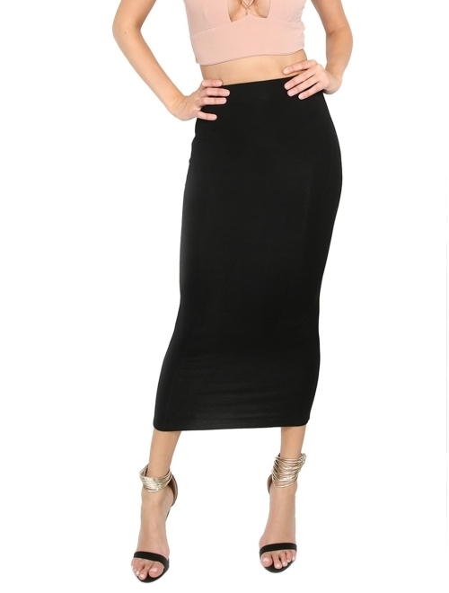 MakeMeChic Women's Solid Basic Below Knee Stretchy Pencil Skirt