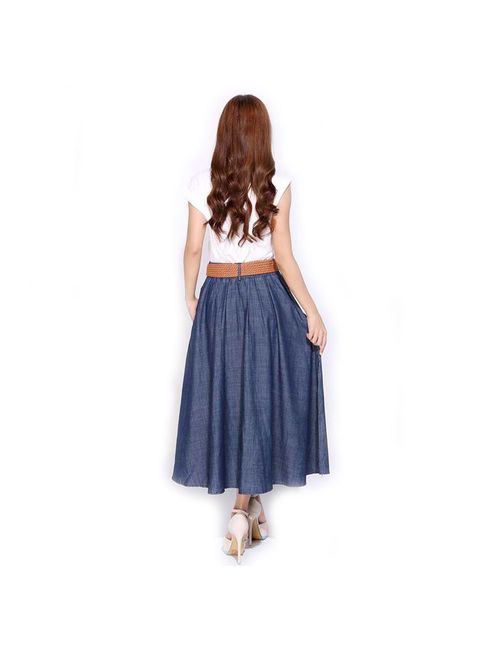 Kaachli Women's Thin Blue Denim Cotton Midi Calf Pocket Fall Skirt with Belt