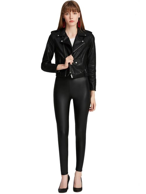Everbellus Women Sexy Faux Leather Leggings with Pockets Skinny Leather Pants Black