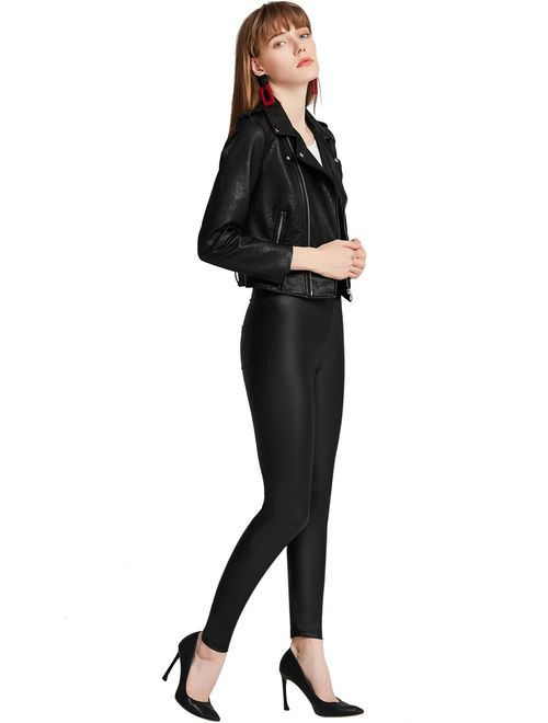 Everbellus Women Sexy Faux Leather Leggings with Pockets Skinny Leather Pants Black