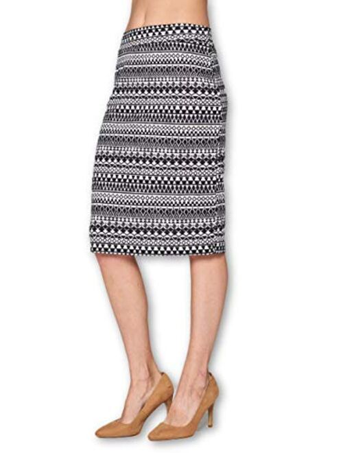 Women's High Waist Knit Stretch Multi Print Office Pencil Skirt (S-3XL) -Made in USA