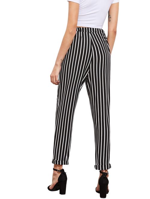 SweatyRocks Women's Striped Elastic High Waist Slim Fit Loose Casual Long Pants