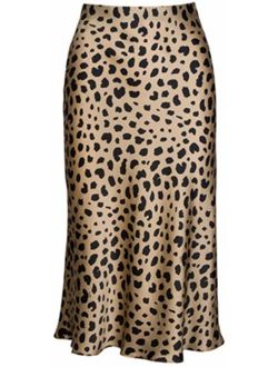 Soowalaoo High Waist Leopard Midi Skirt Hidden Elasticized Waistband Silk Satin Skirts