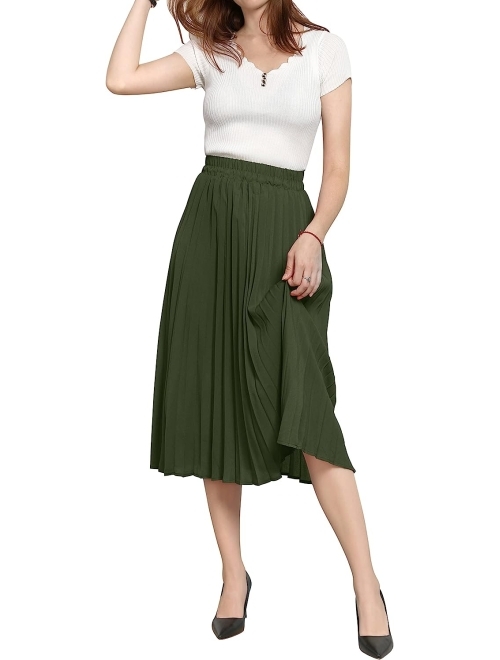 CHARTOU Womens Chic Elastic High Waisted A Line Leopard Print Plisse Pleated Shirring Midi-Long Skirt