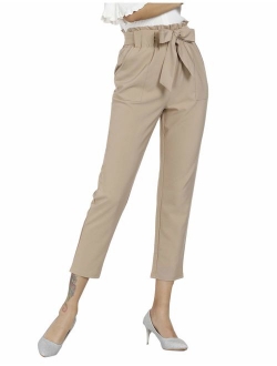 Freeprance Women's Pants Casual Trouser Paper Bag Pants Elastic Waist Slim Pockets