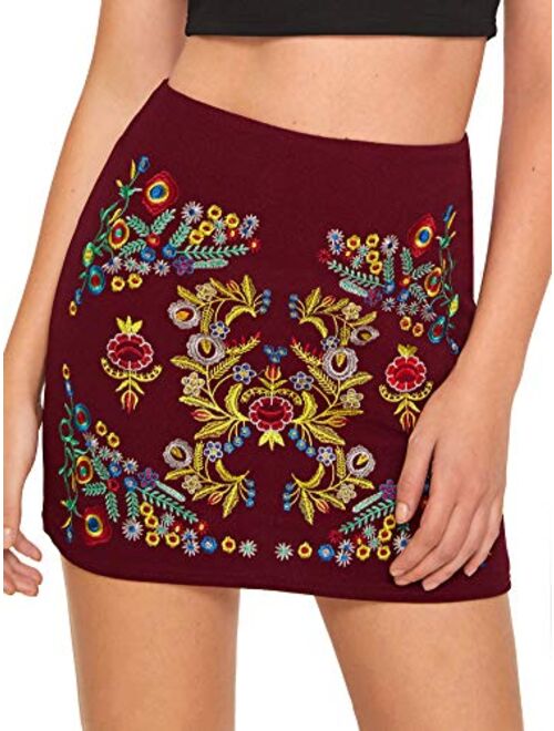 SheIn Women's Casual Floral Embroidered Bodycon Short Mini Skirt