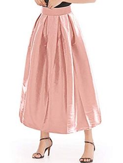 PERSUN Women's High Waist Flared Holiday Party Long Maxi Satin Skirt with Pockets(Black, Silver, Pink, Blue, Green)