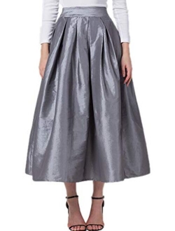 PERSUN Women's High Waist Flared Holiday Party Long Maxi Satin Skirt with Pockets(Black, Silver, Pink, Blue, Green)