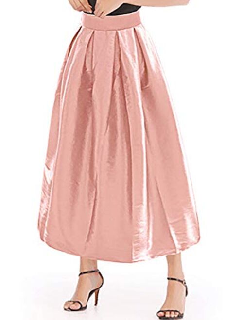 PERSUN Women's High Waist Flared Holiday Party Long Maxi Satin Skirt with Pockets(Black, Silver, Pink, Blue, Green)
