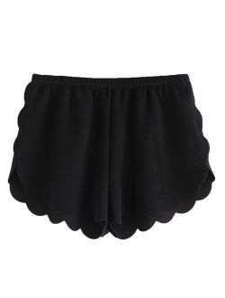 Women's Solid Elastic Waist Scalloped Casual Fitted Shorts