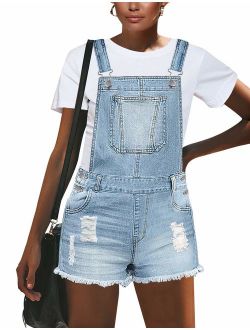 Vetinee Women's Classic Adjustable Straps Cuffed Hem Denim Bib Overalls Shorts
