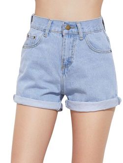 Women's Retro High Waisted Rolled Denim Jean Shorts with Pockets