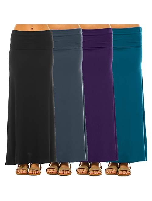 Isaac Liev Women's 4-Pack Trendy Rayon Span Fold Over Maxi Skirt - Made in The USA