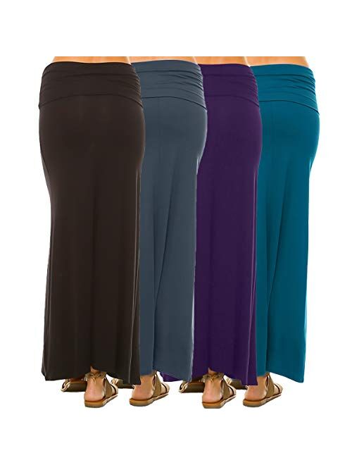 Isaac Liev Women's 4-Pack Trendy Rayon Span Fold Over Maxi Skirt - Made in The USA