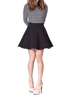 Basic Solid Stretchy Cotton High Waist A-line Flared Skater Mini Skirt