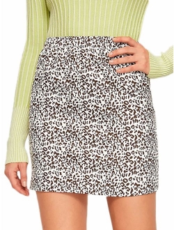 Women's Mid Waist Above Knee O-Ring Zipper Front Leopard Print Skirt