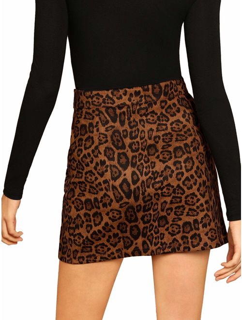 WDIRARA Women's Mid Waist Above Knee O-Ring Zipper Front Leopard Print Skirt