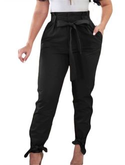 GOBLES Women Solid Casual Work Trousers High Waist Ruffle Bow Tie Pants