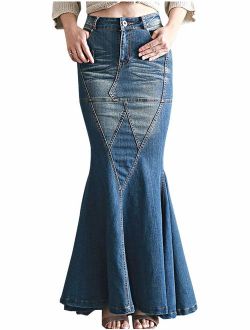 Women's Casual Stretch Waist Washed Denim Ruffle Fishtail Skirts Long Jean Skirt