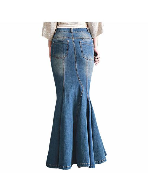 LISUEYNE Women's Casual Stretch Waist Washed Denim Ruffle Fishtail Skirts Long Jean Skirt