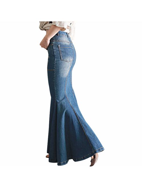 LISUEYNE Women's Casual Stretch Waist Washed Denim Ruffle Fishtail Skirts Long Jean Skirt 