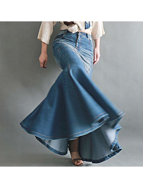 LISUEYNE Women's Casual Stretch Waist Washed Denim Ruffle Fishtail Skirts Long Jean Skirt 