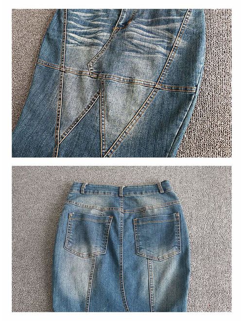 LISUEYNE Women's Casual Stretch Waist Washed Denim Ruffle Fishtail Skirts Long Jean Skirt