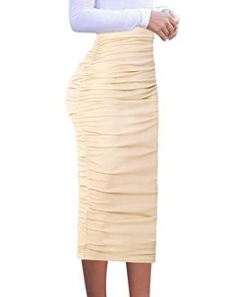 VFSHOW Womens Elegant Ruched Ruffle High Waist Pencil Midi Mid-Calf Skirt