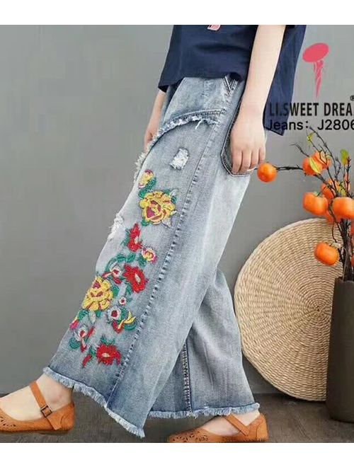 YESNO Women Casual Cropped Pants Loose Floral Jeans Embroidered Wide Leg PW2CA