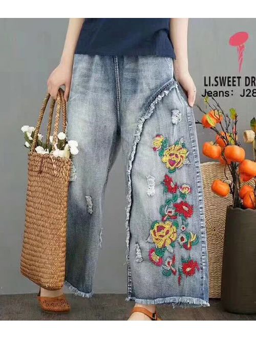 YESNO Women Casual Cropped Pants Loose Floral Jeans Embroidered Wide Leg PW2CA