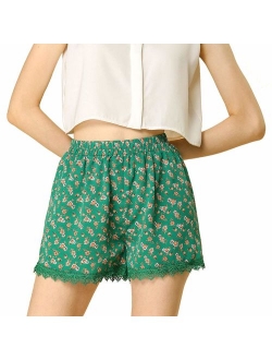 Women's Shorts Allover Floral Printed Lace Trim Hem Elastic Waist Beach Shorts