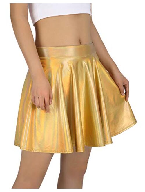 HDE Women's Shiny Liquid Metallic Holographic Pleated Flared Mini Skater Skirt