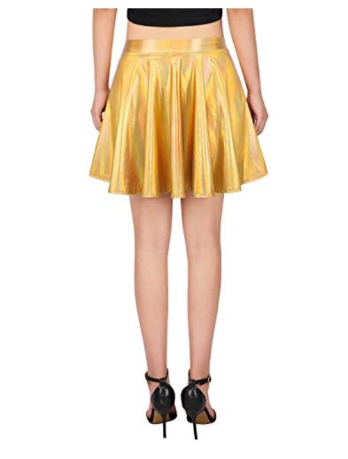 HDE Women's Shiny Liquid Metallic Holographic Pleated Flared Mini Skater Skirt