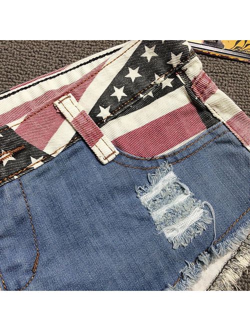 chouyatou Women's Low-Rise American Flag Print Daisy Duke Ripped Denim Shorts