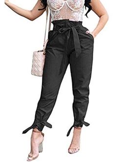 Yissang Women's Casual Loose Paper Bag Waist Long Pants Trousers with Bow Tie Belt Pockets